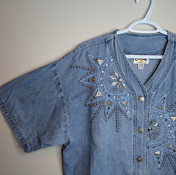 Vintage Colon Made in USA Denim Button Down V Neck Bedazzled Jewel Top M - Picture 8 of 8